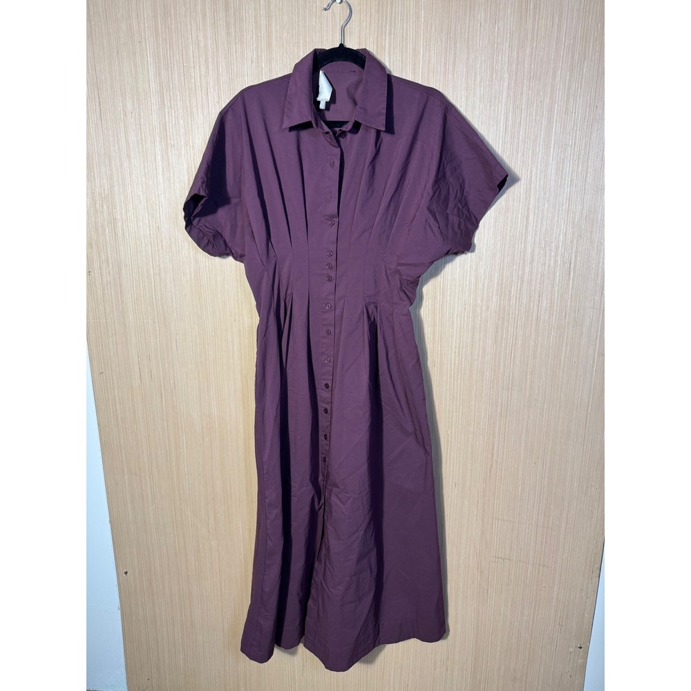 Exquise Plum Tobie Solid Dress Short Sleeve Button Down Pleated Midi Size M